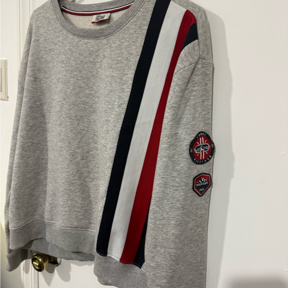 Tommy Hilfiger Gray Sweatshirt with Red and Blue Stripes